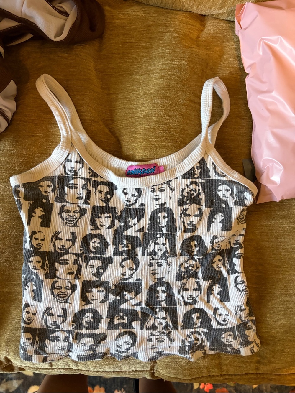 Women’s Cream Graphic Ribbed Tank Top with Black Faces Print